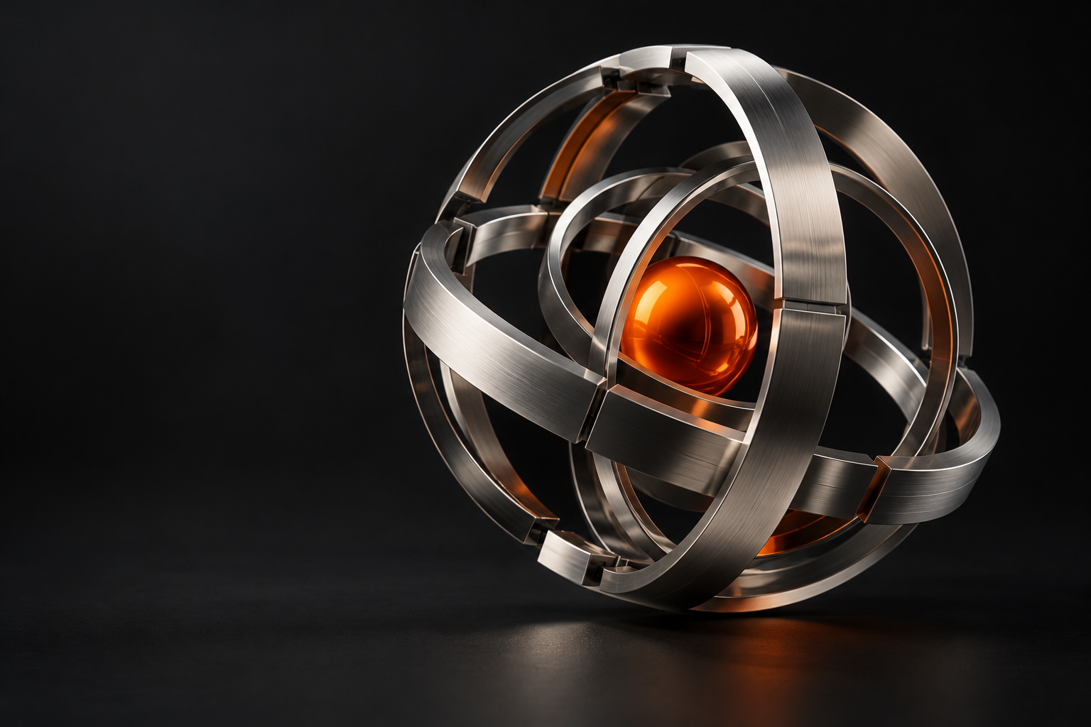 Interlocking brushed-metal orbital rings surrounding a vivid orange core against a charcoal background.